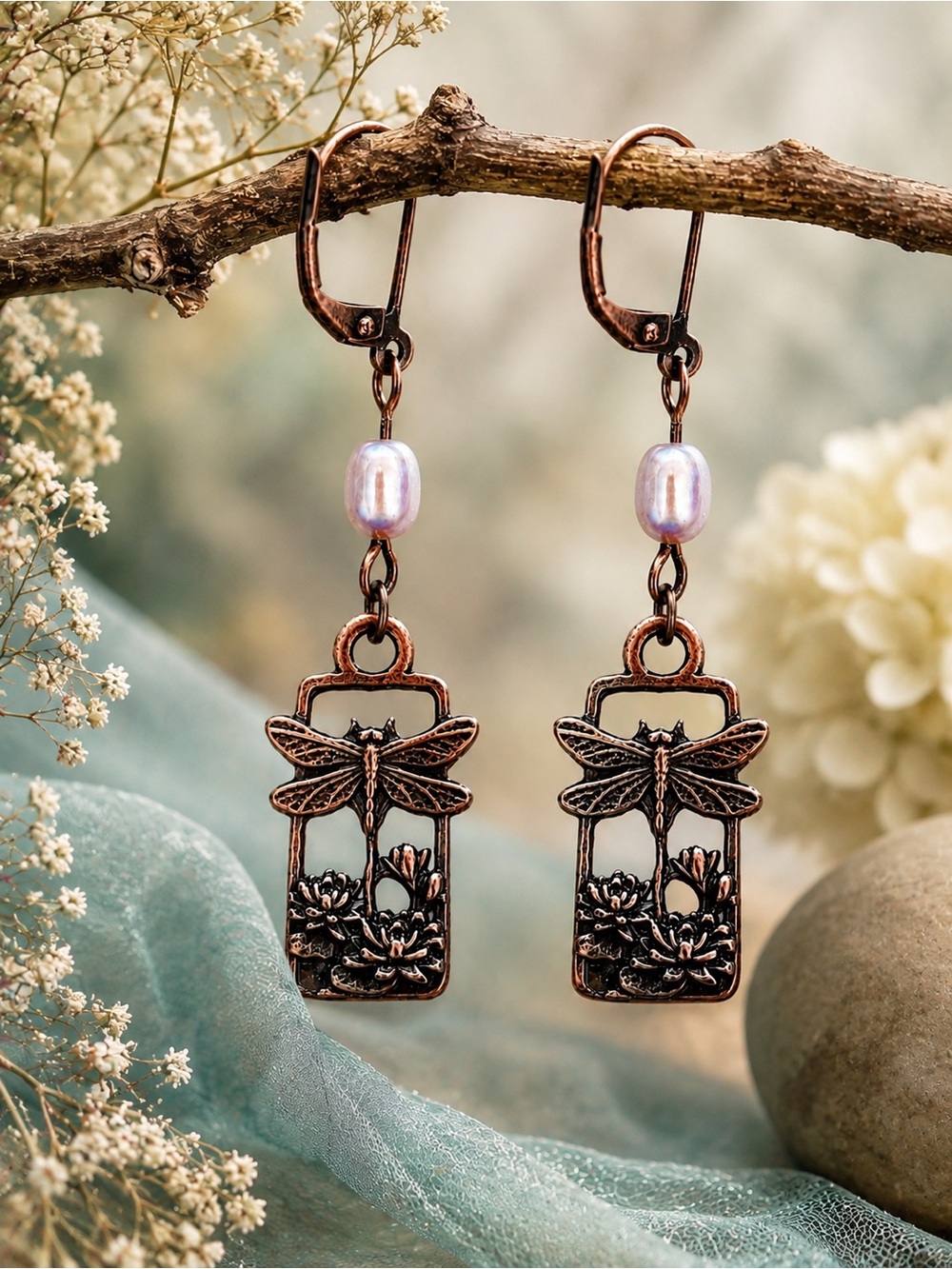 Dragonfly Floral Earrings Freshwater Pearl Antique Copper Dangles
